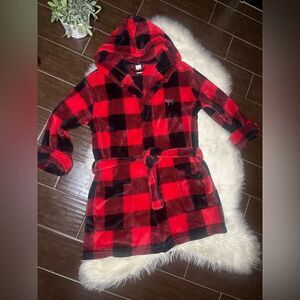 Victoria's Secret Pink Bling Plaid Fleece Hooded Robe Red/Black/Silver Dog XS